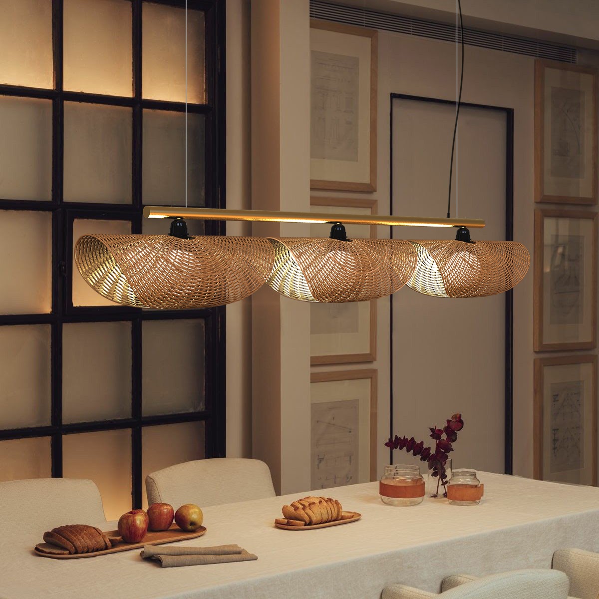 Ooas Linear Pendant Lamp: Japandi Hanging Lamp Handmade Chandelier Cafe Lighting [145cm/57in(L) x 21cm/8.2in(H)]